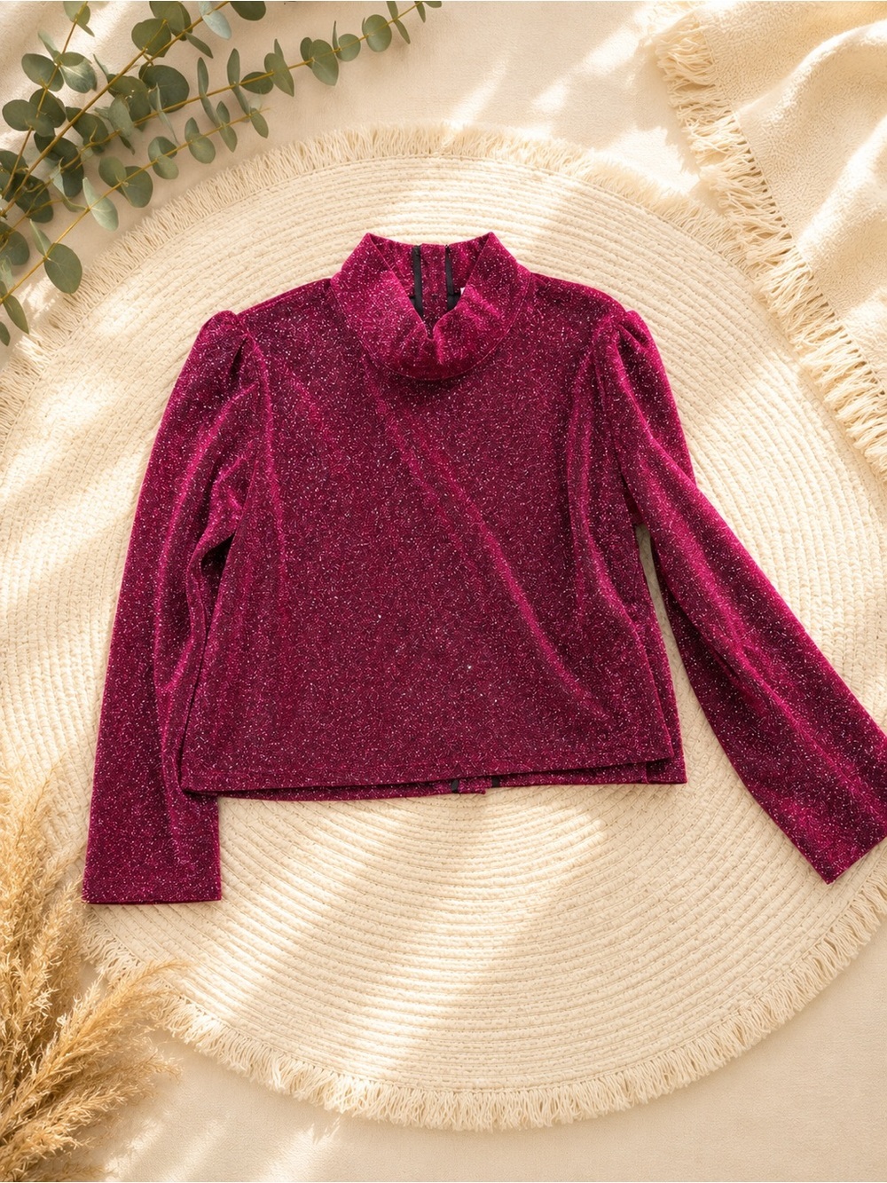 Buru Metallic Mock Neck Long-Sleeve Top in Fuchsia